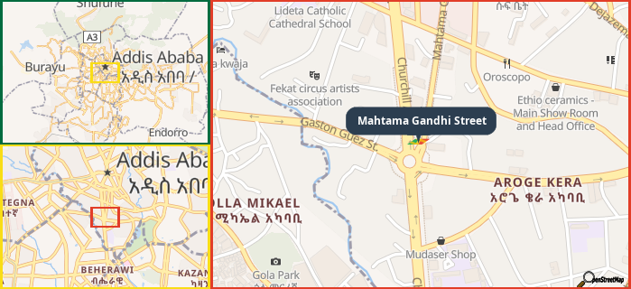 Map showing the address of Mahtama Gandhi Street in three different zoom levels.
