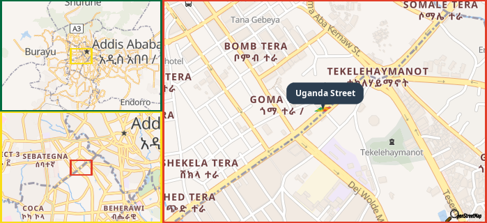 Map showing the address of Uganda Street in three different zoom levels.