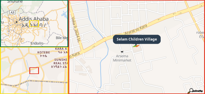 Map showing the address of Selam Children Village in three different zoom levels.