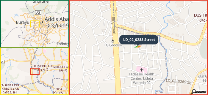 Map showing the address of LD_02_0288 Street in three different zoom levels.