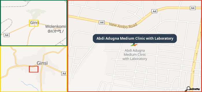 Map showing the address of Abdi Adugna Medium Clinic with Laboratory in three different zoom levels.