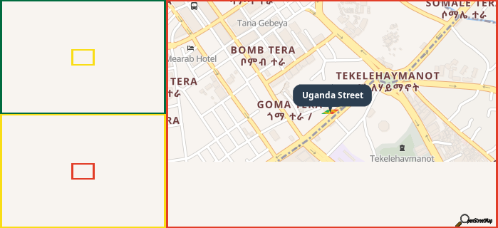 Map showing the address of Uganda Street in three different zoom levels.