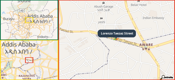 Map showing the address of Lorenzo Taezaz Street in three different zoom levels.