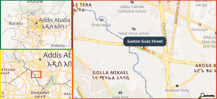 Map showing the address of Gaston Guez Street in three different zoom levels.