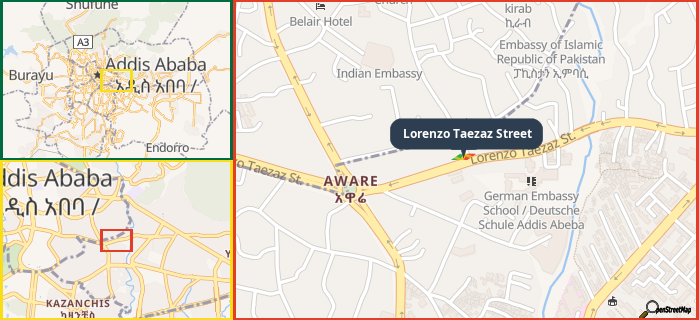 Map showing the address of Lorenzo Taezaz Street in three different zoom levels.