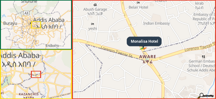 Map showing the address of Monalisa Hotel in three different zoom levels.