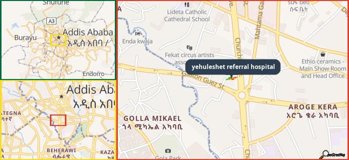 Map showing the address of yehuleshet referral hospital in three different zoom levels.