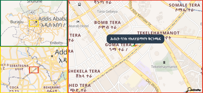Map showing the address of ሕብረት ባንክ ተክለሃይማኖት ቅርንጫፍ in three different zoom levels.