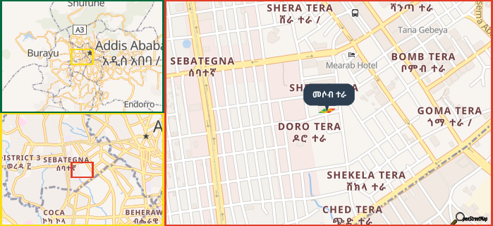Map showing the address of መሶብ ተራ in three different zoom levels.