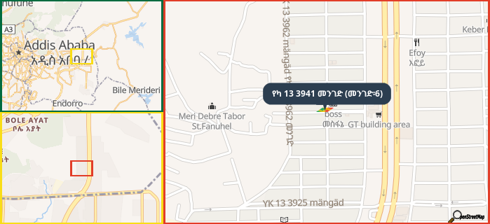 Map showing the address of የካ 13 3941 መንገድ (መንገድ፡6) in three different zoom levels.