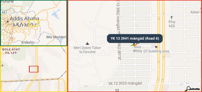 Map showing the address of YK 13 3941 mängäd (Road 6) in three different zoom levels.