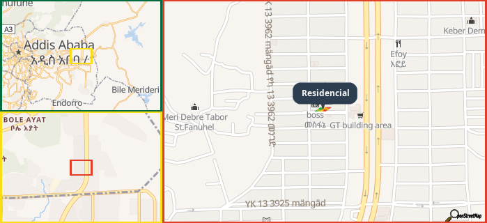 Map showing the address of Residencial in three different zoom levels.