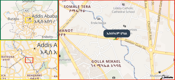 Map showing the address of ኤክስትሪም ሆቴል in three different zoom levels.