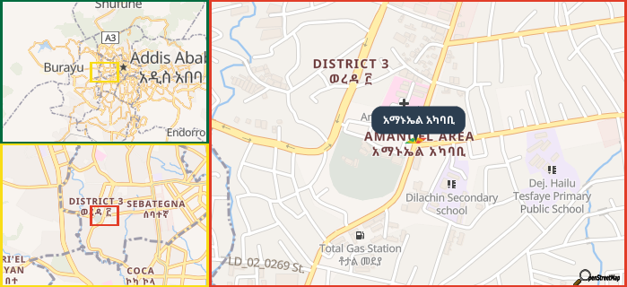 Map showing the address of አማኑኤል አካባቢ in three different zoom levels.