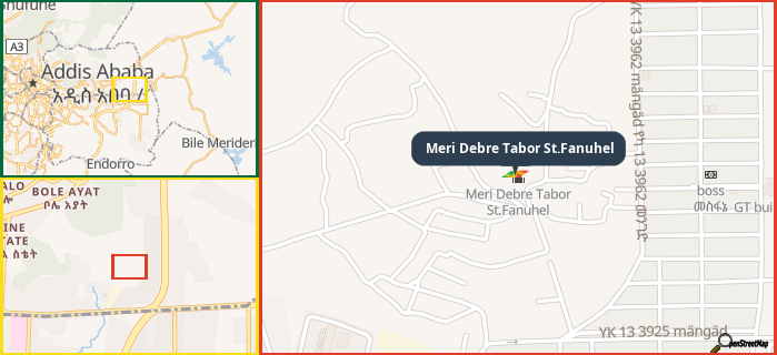 Map showing the address of Meri Debre Tabor St.Fanuhel in three different zoom levels.