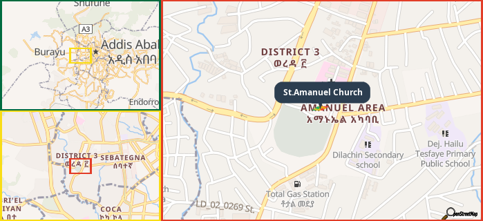 Map showing the address of St.Amanuel Church in three different zoom levels.