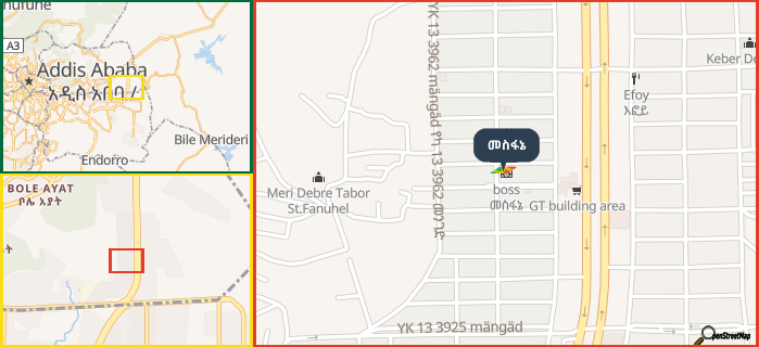 Map showing the address of መስፋኔ in three different zoom levels.
