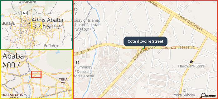 Map showing the address of Cote d'Ivoire Street in three different zoom levels.