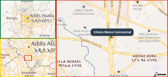 Map showing the address of Eshetu Mamo Commercial in three different zoom levels.