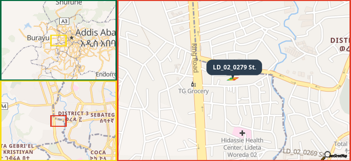 Map showing the address of LD_02_0279 St. in three different zoom levels.