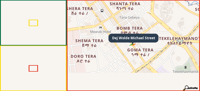 Map showing the address of Dej Wolde Michael Street in three different zoom levels.