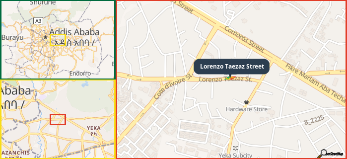Map showing the address of Lorenzo Taezaz Street in three different zoom levels.