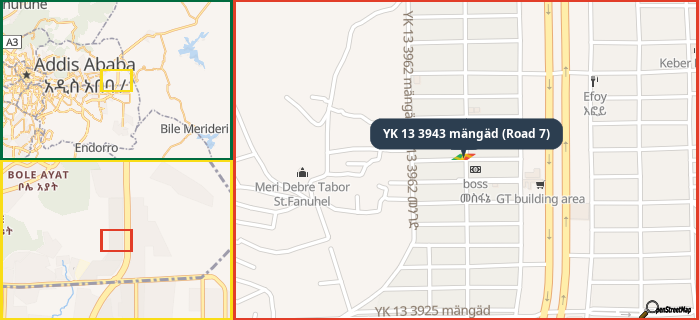Map showing the address of YK 13 3943 mängäd (Road 7) in three different zoom levels.