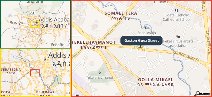 Map showing the address of Gaston Guez Street in three different zoom levels.