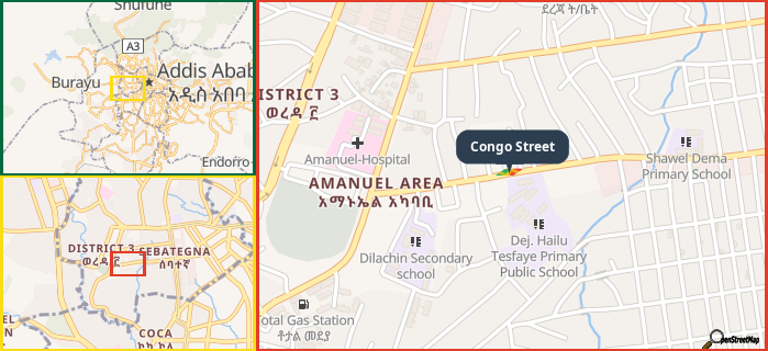 Map showing the address of Congo Street in three different zoom levels.