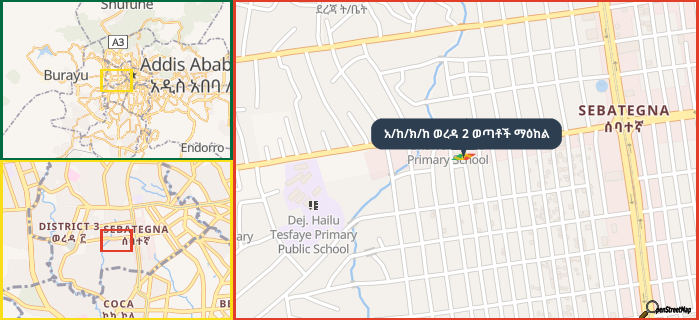 Map showing the address of አ/ከ/ክ/ከ ወረዳ 2 ወጣቶች ማዕከል in three different zoom levels.
