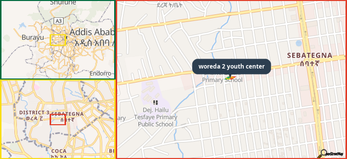 Map showing the address of woreda 2 youth center in three different zoom levels.