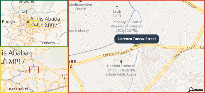 Map showing the address of Lorenzo Taezaz Street in three different zoom levels.