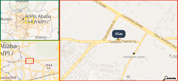 Map showing the address of Elias in three different zoom levels.