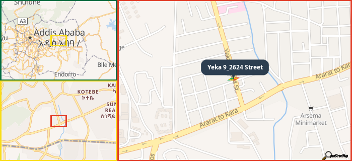 Map showing the address of Yeka 9_2624 Street in three different zoom levels.