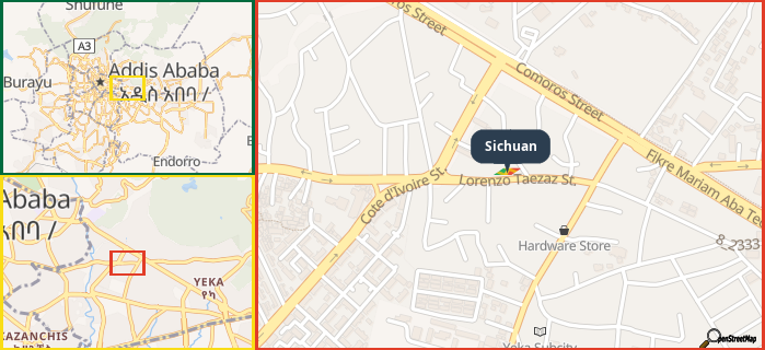Map showing the address of Sichuan in three different zoom levels.