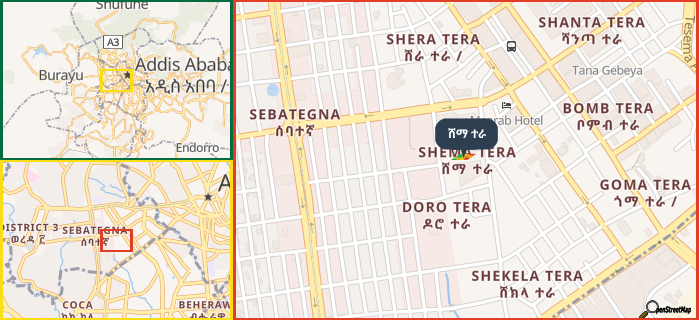 Map showing the address of ሸማ ተራ in three different zoom levels.