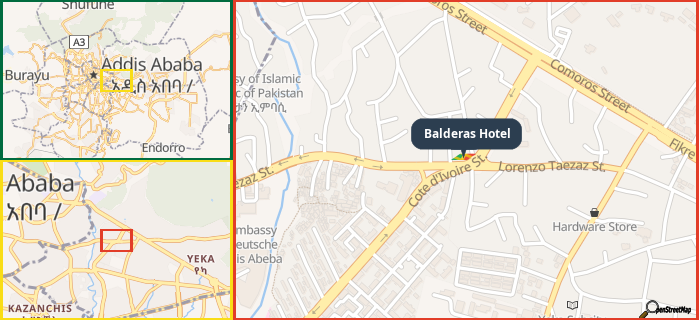 Map showing the address of Balderas Hotel in three different zoom levels.