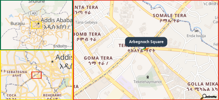 Map showing the address of Arbegnoch Square in three different zoom levels.