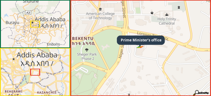 Map showing the address of Prime Minister’s office in three different zoom levels.