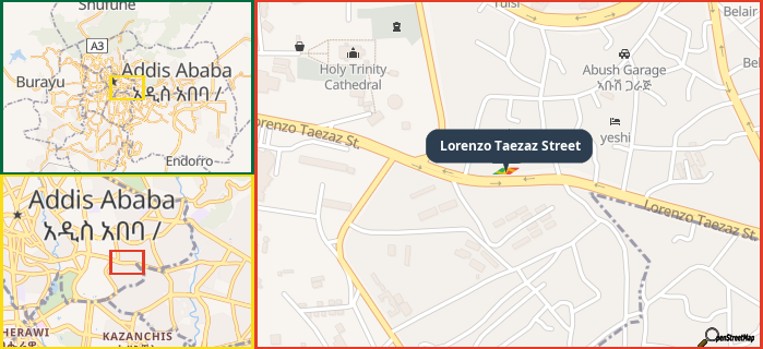 Map showing the address of Lorenzo Taezaz Street in three different zoom levels.