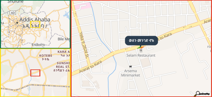Map showing the address of ወሰን መንገድ ኖክ in three different zoom levels.