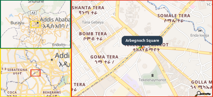 Map showing the address of Arbegnoch Square in three different zoom levels.