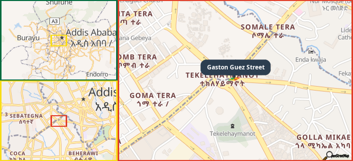 Map showing the address of Gaston Guez Street in three different zoom levels.