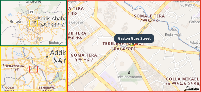 Map showing the address of Gaston Guez Street in three different zoom levels.