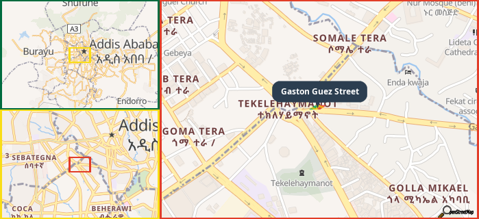 Map showing the address of Gaston Guez Street in three different zoom levels.