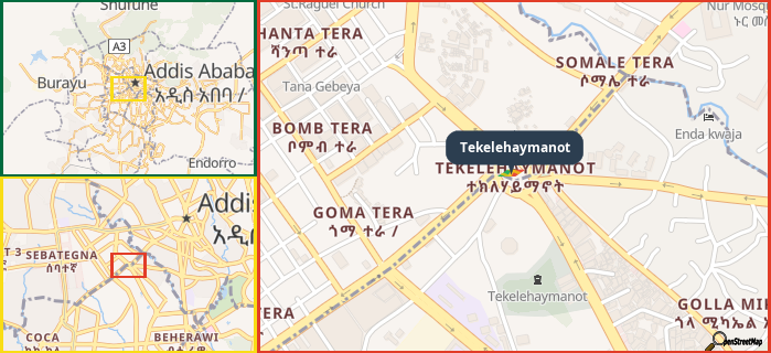 Map showing the address of Tekelehaymanot in three different zoom levels.