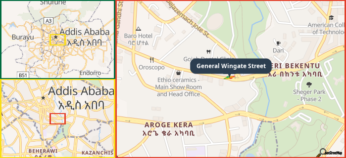 Map showing the address of General Wingate Street in three different zoom levels.