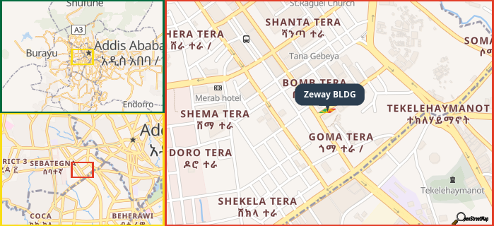 Map showing the address of Zeway BLDG in three different zoom levels.