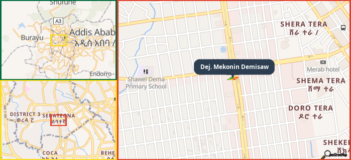 Map showing the address of Dej. Mekonin Demisaw in three different zoom levels.