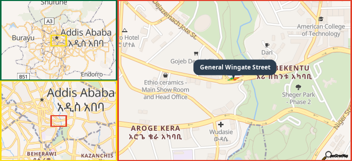 Map showing the address of General Wingate Street in three different zoom levels.